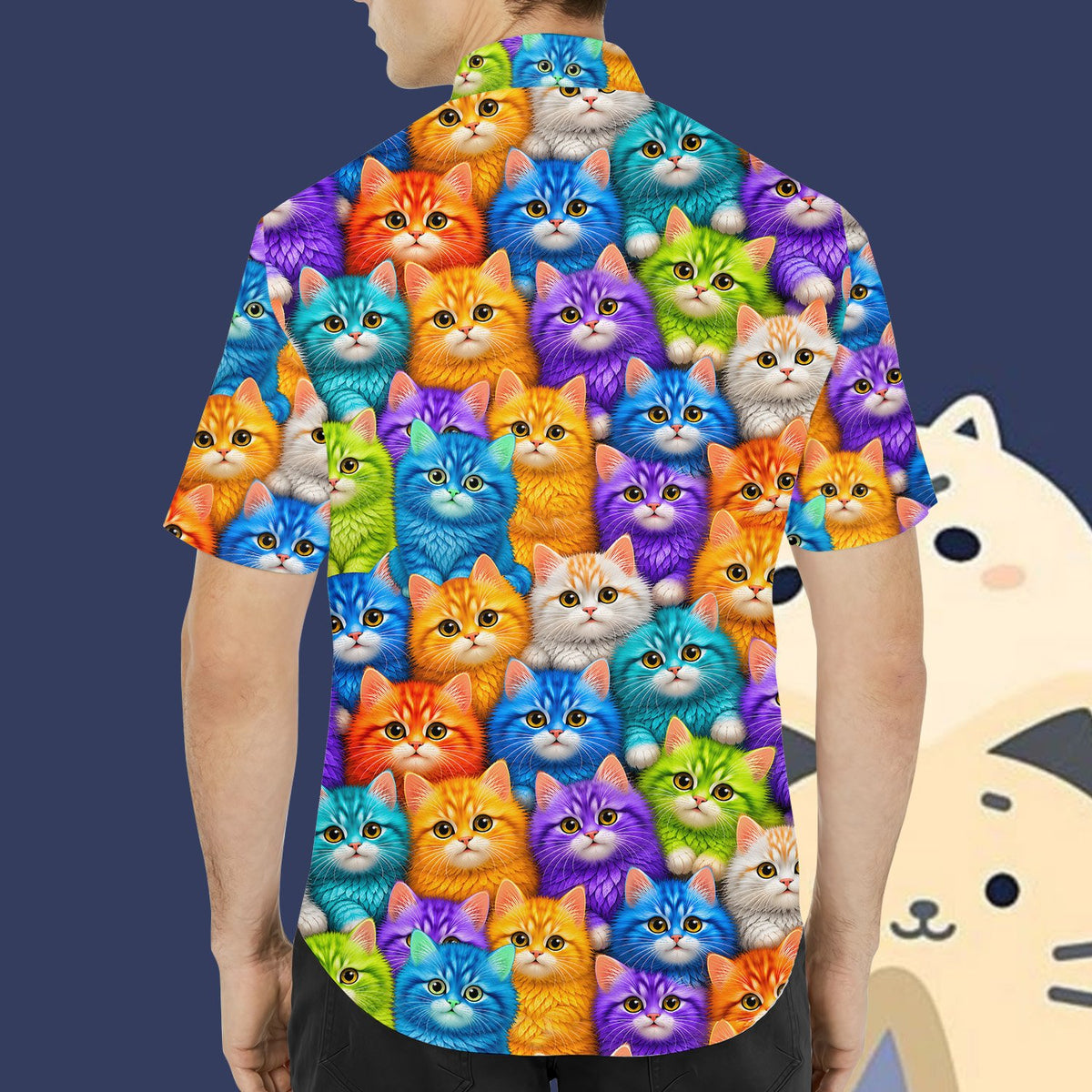 Lifestyle view of the family wearing matching cats hawaiian shirts