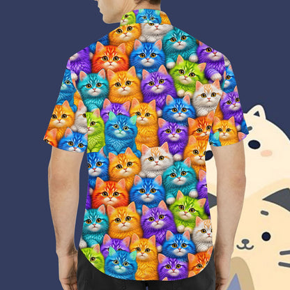 Lifestyle view of the family wearing matching cats hawaiian shirts