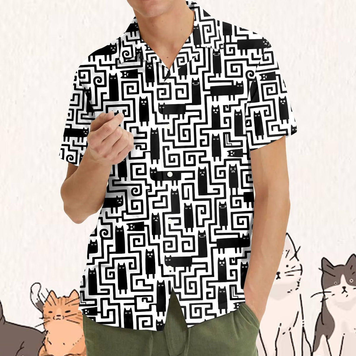 Lifestyle view of a person wearing the black and white geometric cat hawaiian shirt