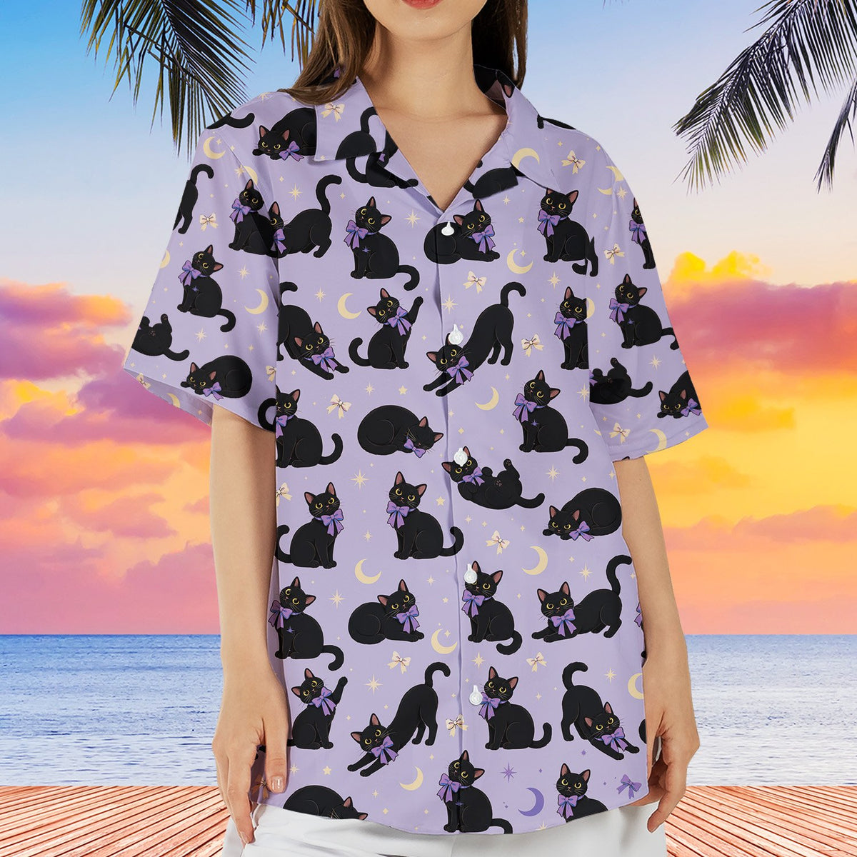 Lifestyle view of someone wearing the matching family hawaiian shirt outdoors