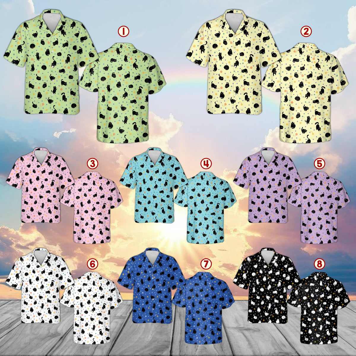 Assortment of matching family Hawaiian shirts in multiple colors with playful cat print