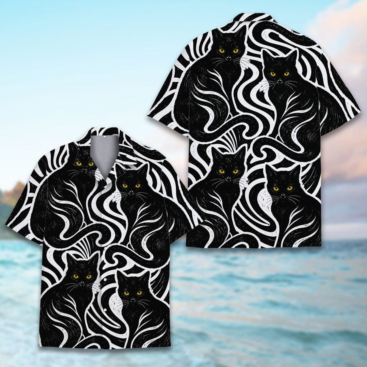 Close-up view of the abstract swirling black and white linework design