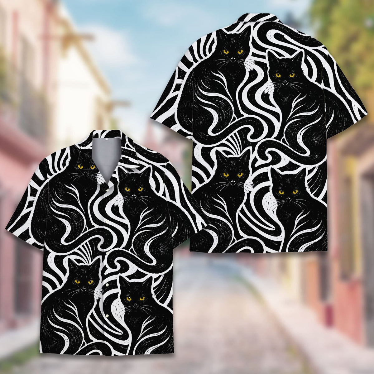 Additional view of matching family hawaiian shirts with cats