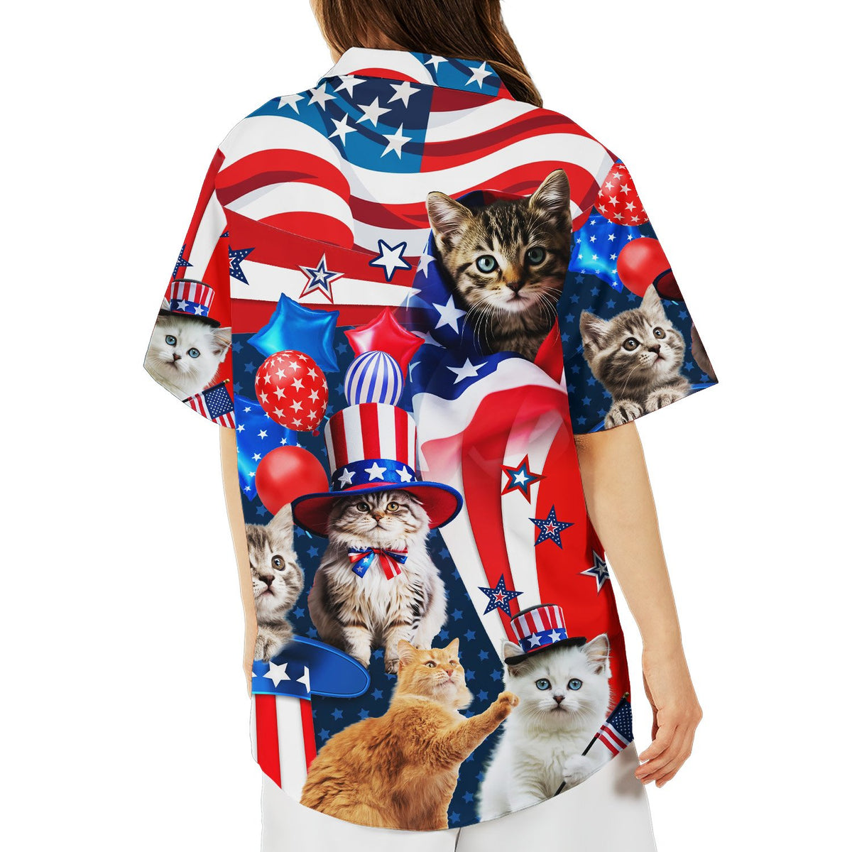 Back view of the patriotic cats matching family hawaiian shirt