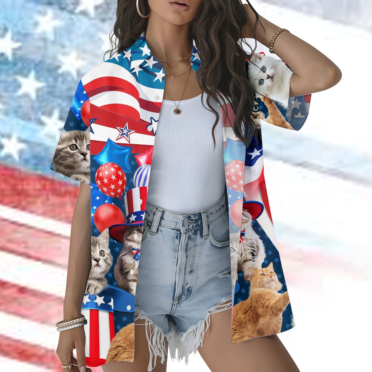 Another front view of the patriotic kittens hawaiian shirt