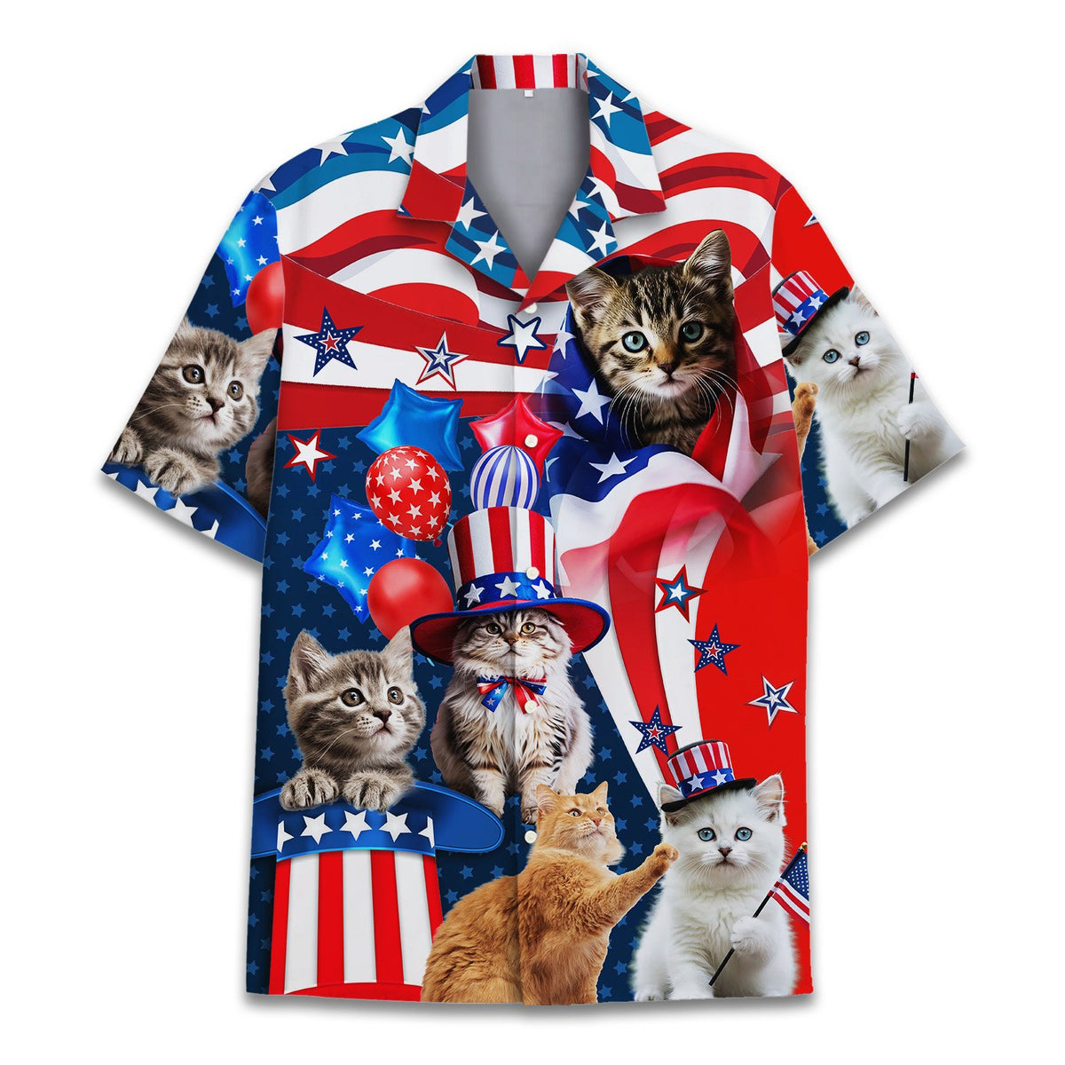 Close up front view of the red white and blue cats hawaiian shirt
