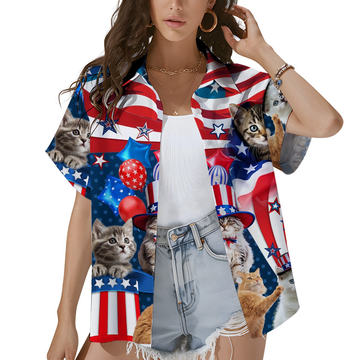 Front view of the fourth of july cats hawaiian shirt