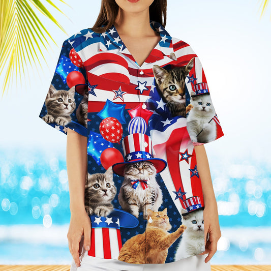 Matching family hawaiian shirts with patriotic cats design, main view