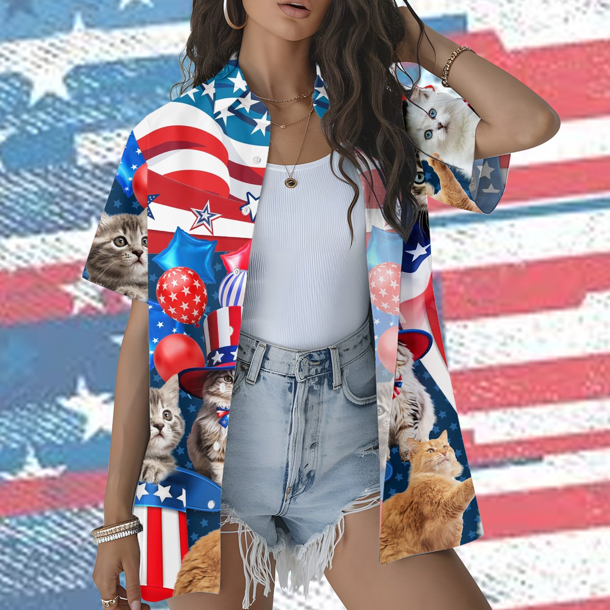Lifestyle view of a family wearing the patriotic cats hawaiian shirts