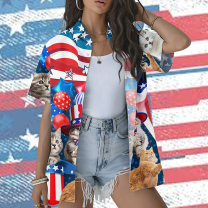 Lifestyle view of a family wearing the patriotic cats hawaiian shirts