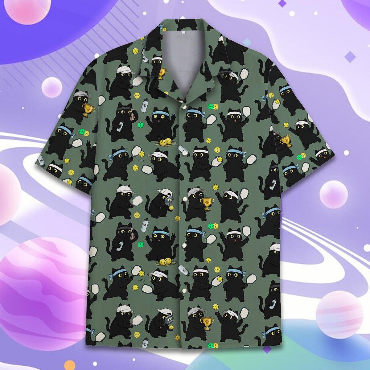 Another front view of the green hawaiian shirt with cartoon cats and sports gear