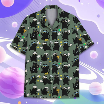 Another front view of the green hawaiian shirt with cartoon cats and sports gear