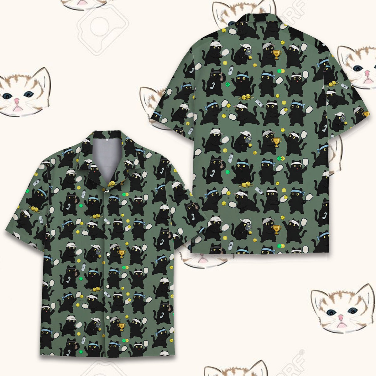 Front view of the black cat and pickleball design on a green hawaiian shirt