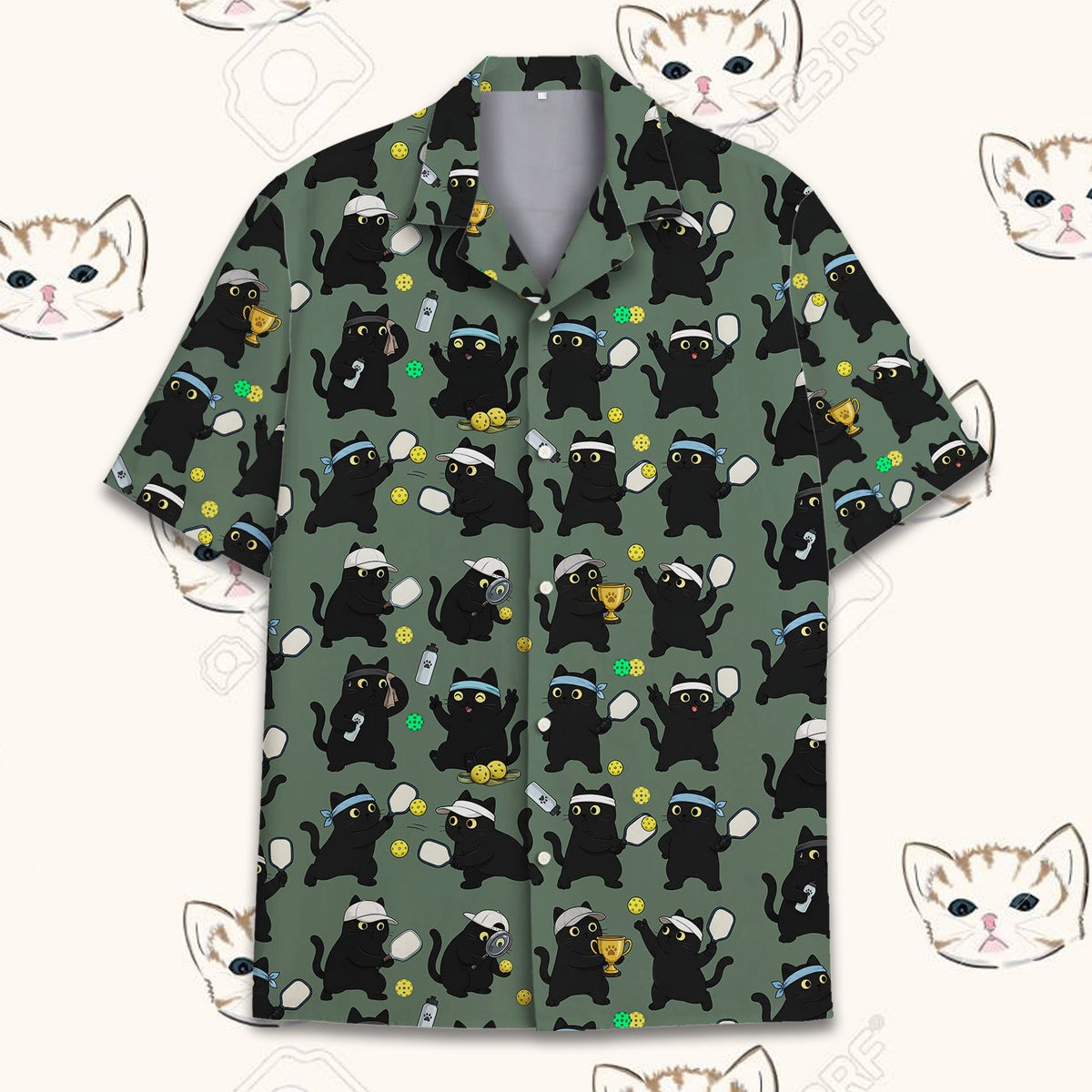 Main view of the green matching family hawaiian shirts featuring sporty cats playing pickleball