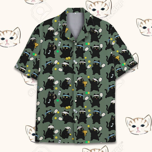 Main view of the green matching family hawaiian shirts featuring sporty cats playing pickleball