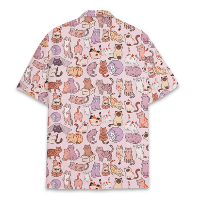 Matching family hawaiian shirts with cats design, back view