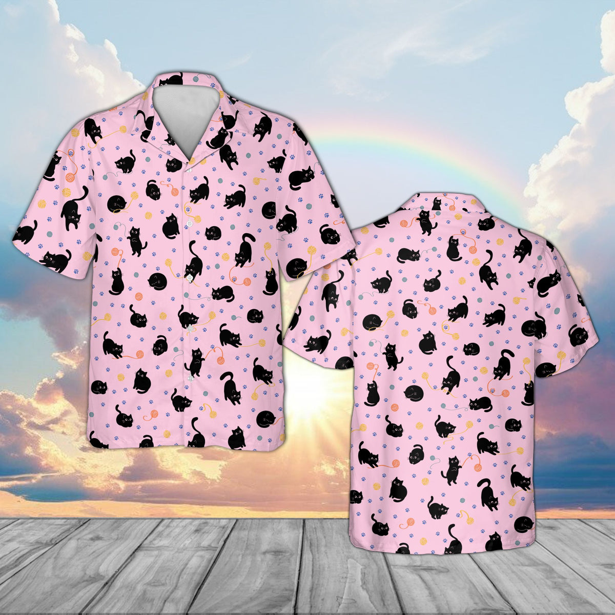 Pink matching family Hawaiian shirt showing playful cats pattern front view
