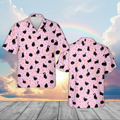 Pink matching family Hawaiian shirt showing playful cats pattern front view