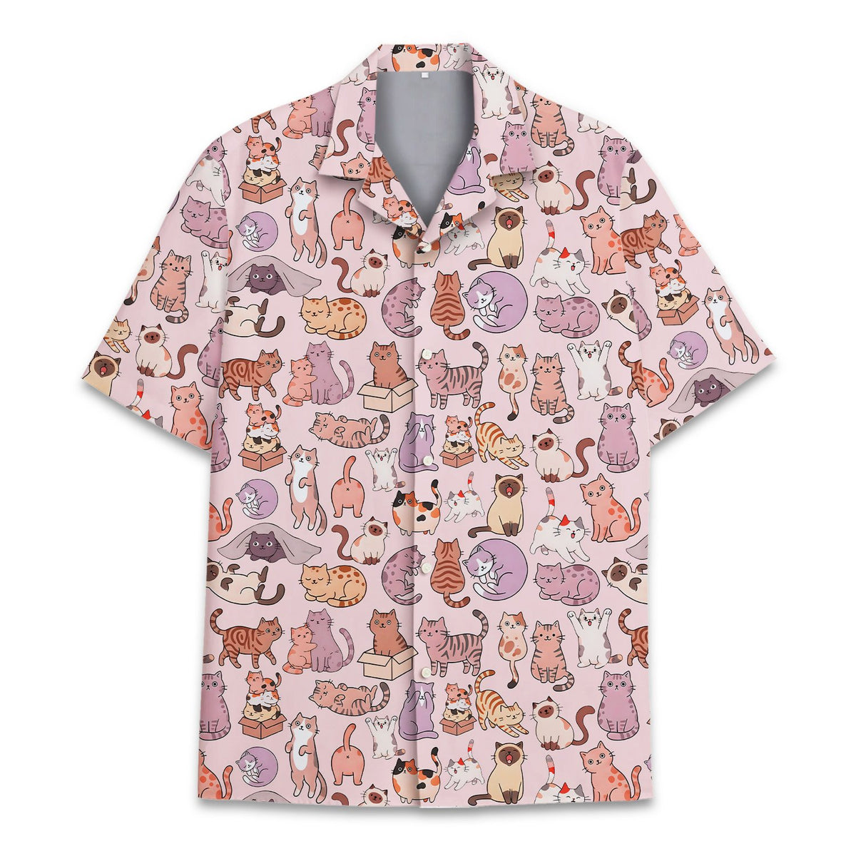 Cats hawaiian shirt with cartoon felines on pink background, front view