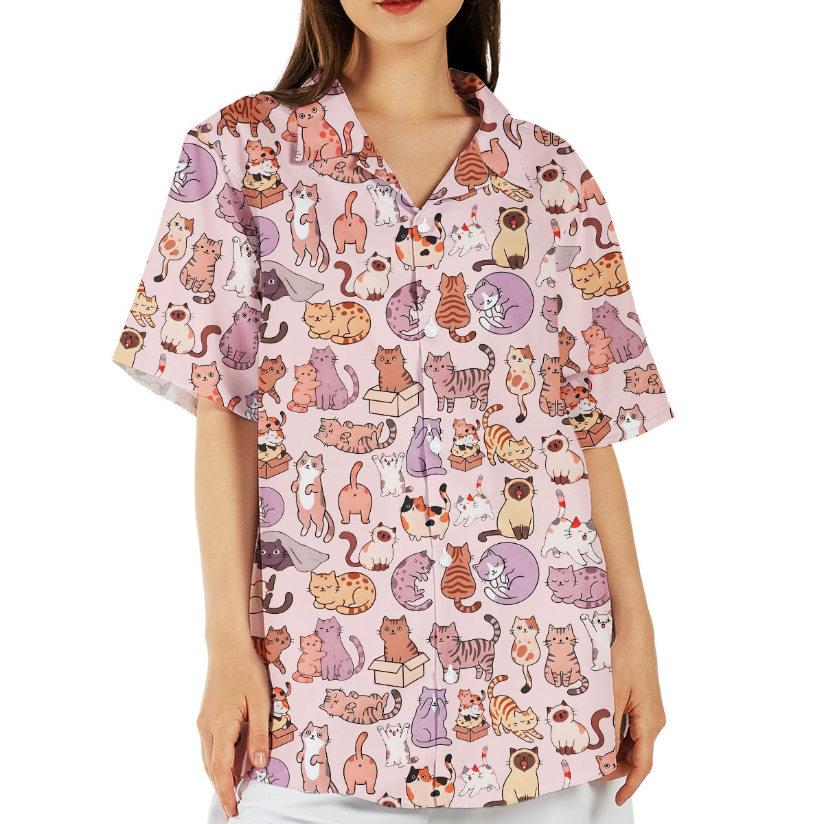 Third lifestyle view showing the pink cartoon cats hawaiian shirt