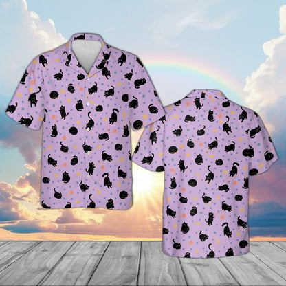 Purple matching family Hawaiian shirt featuring cartoon cats playing with yarn front view
