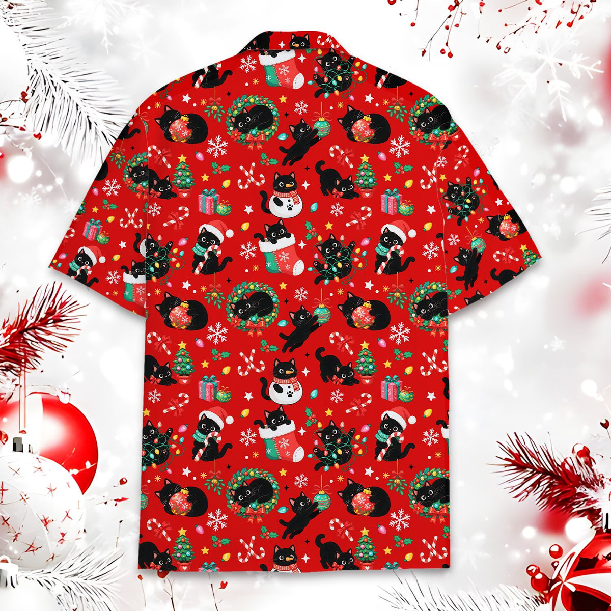 Flat back view of the festive red matching family hawaiian shirt