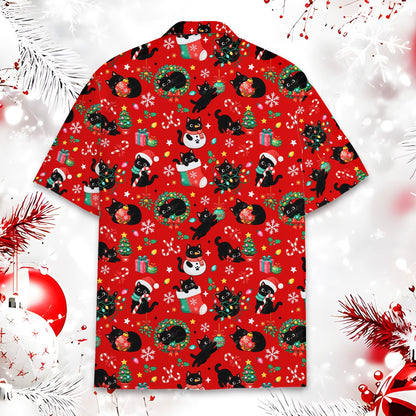 Flat back view of the festive red matching family hawaiian shirt