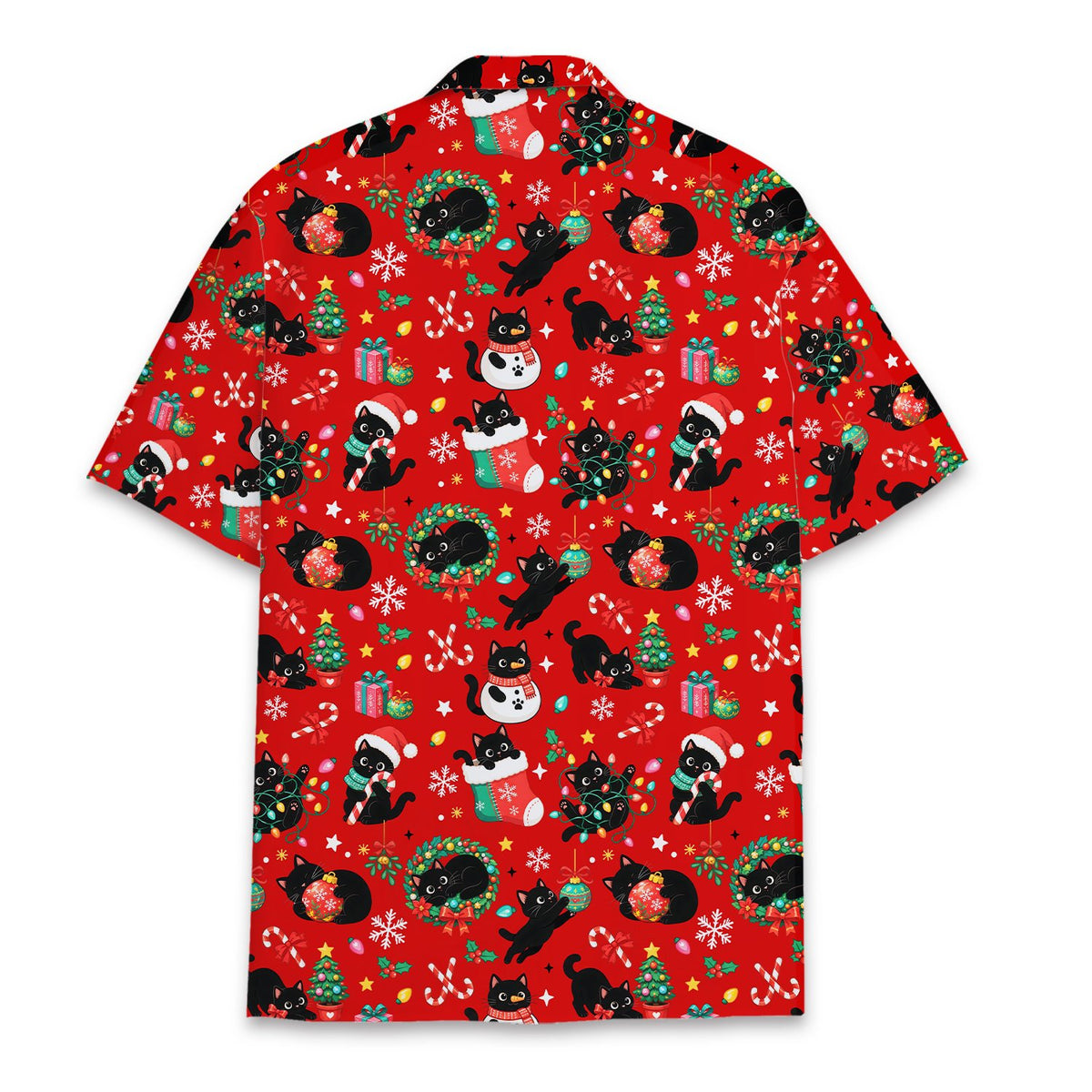 Back view of the red cats hawaiian shirt with holiday pattern