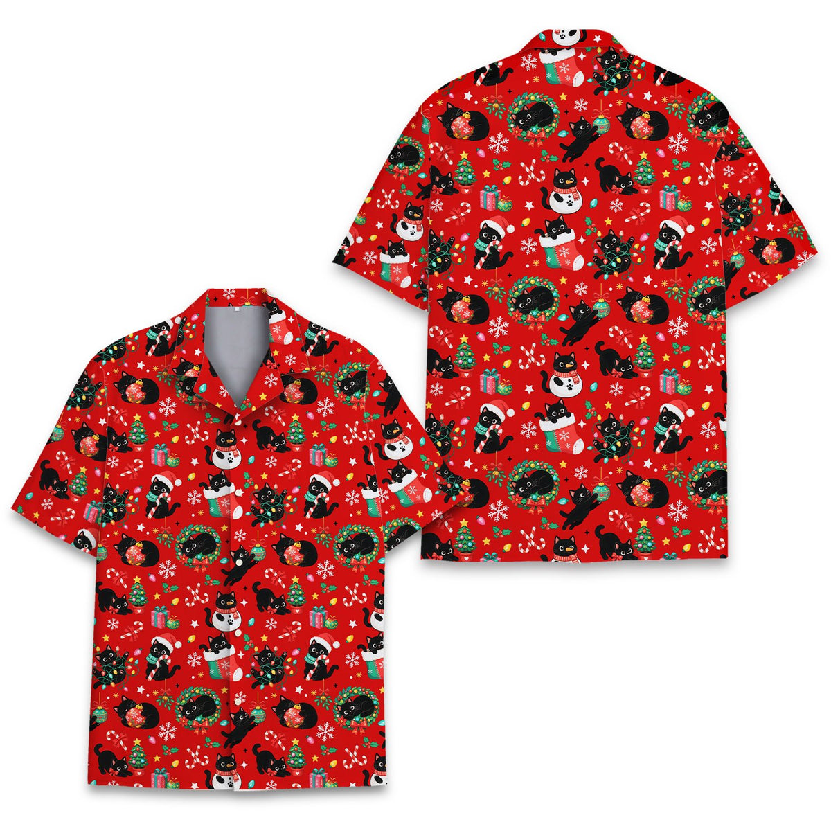 Festive holiday hawaiian shirt with black cats on red background, front view