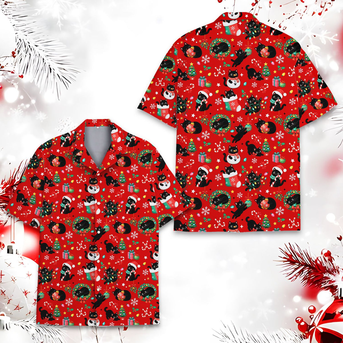 Christmas hawaiian shirt featuring cats and presents, flat front view