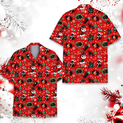 Christmas hawaiian shirt featuring cats and presents, flat front view
