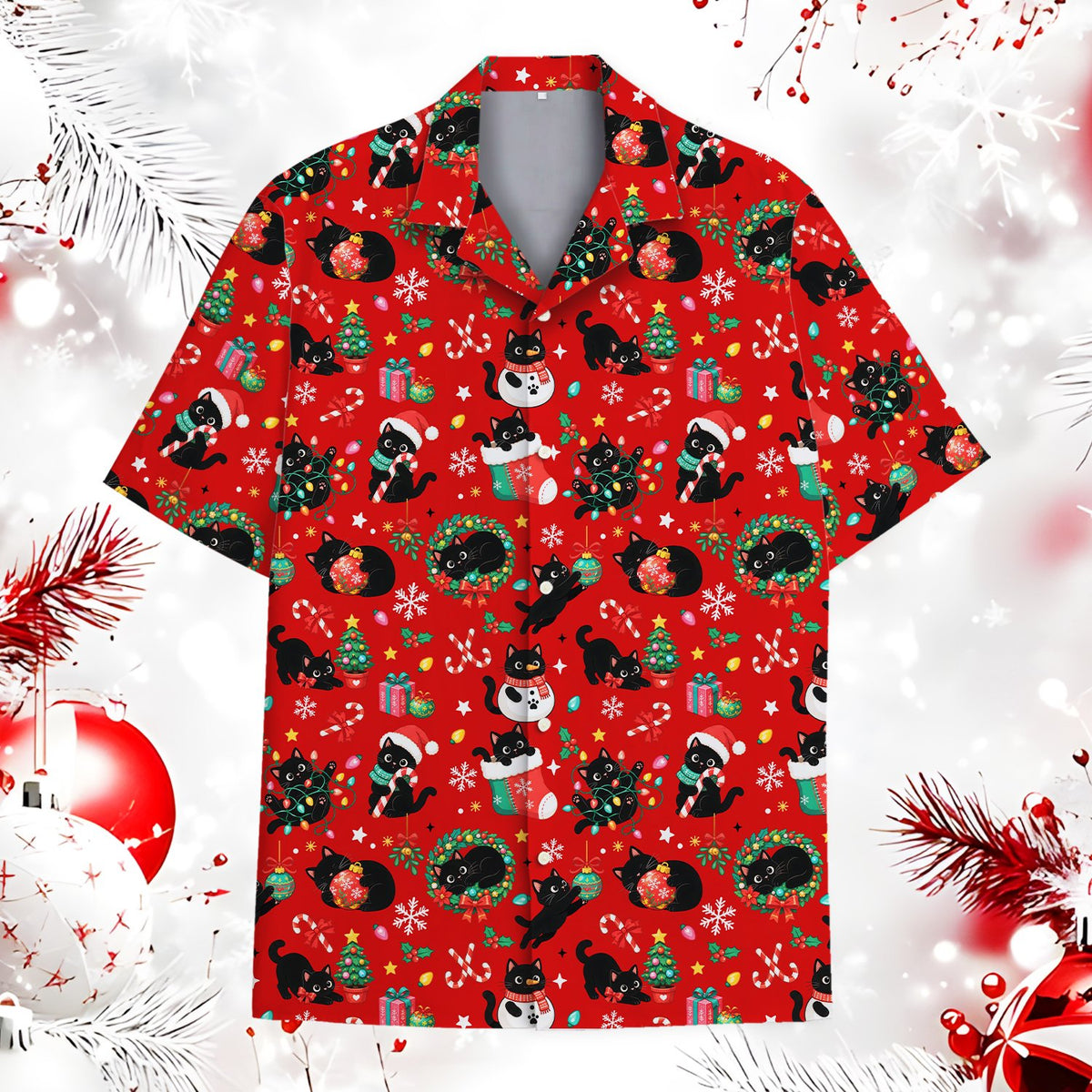 Red matching family hawaiian shirt featuring black cats and snowflakes, front view