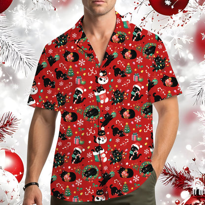 Outdoor lifestyle shot featuring the vibrant red cats hawaiian shirt