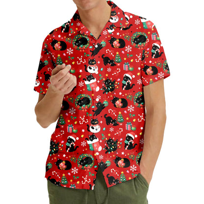 Person modeling the holiday hawaiian shirt with black cats in a lifestyle setting