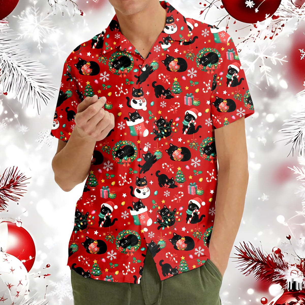 Casual lifestyle photo of the matching family hawaiian shirt in red with holiday motifs