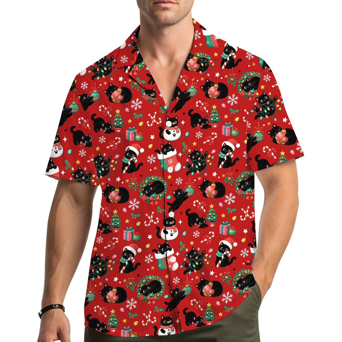 Lifestyle view of a person wearing the red Christmas cats hawaiian shirt