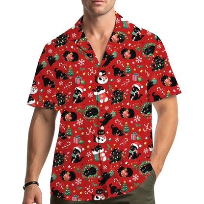 Lifestyle view of a person wearing the red Christmas cats hawaiian shirt
