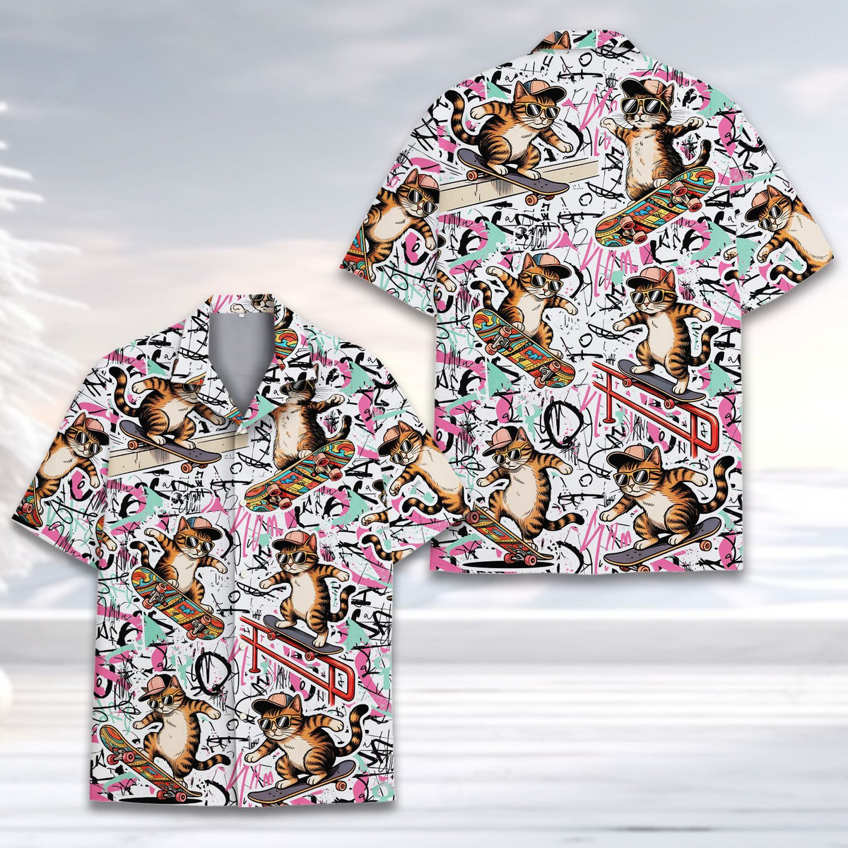 Back view detail of the skateboarding hawaiian shirt with cartoon cats