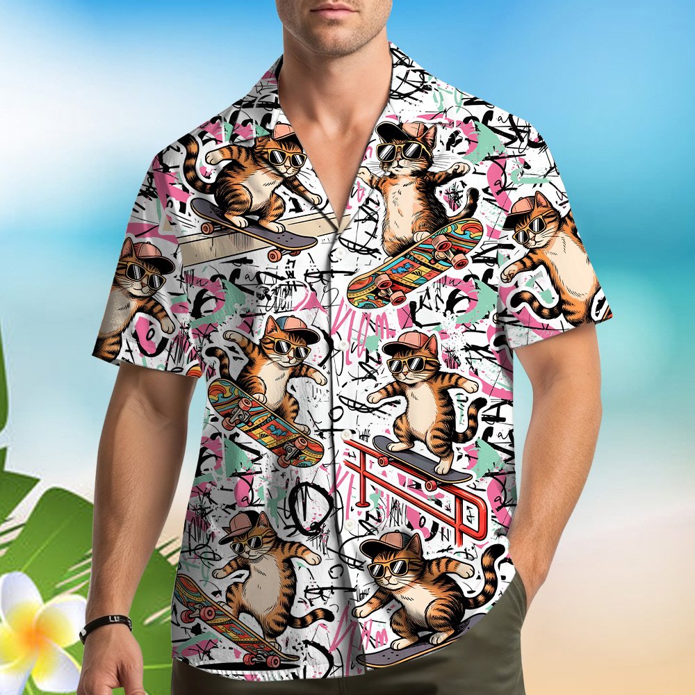 Back view of the family hawaiian shirts displaying the all-over abstract graffiti print