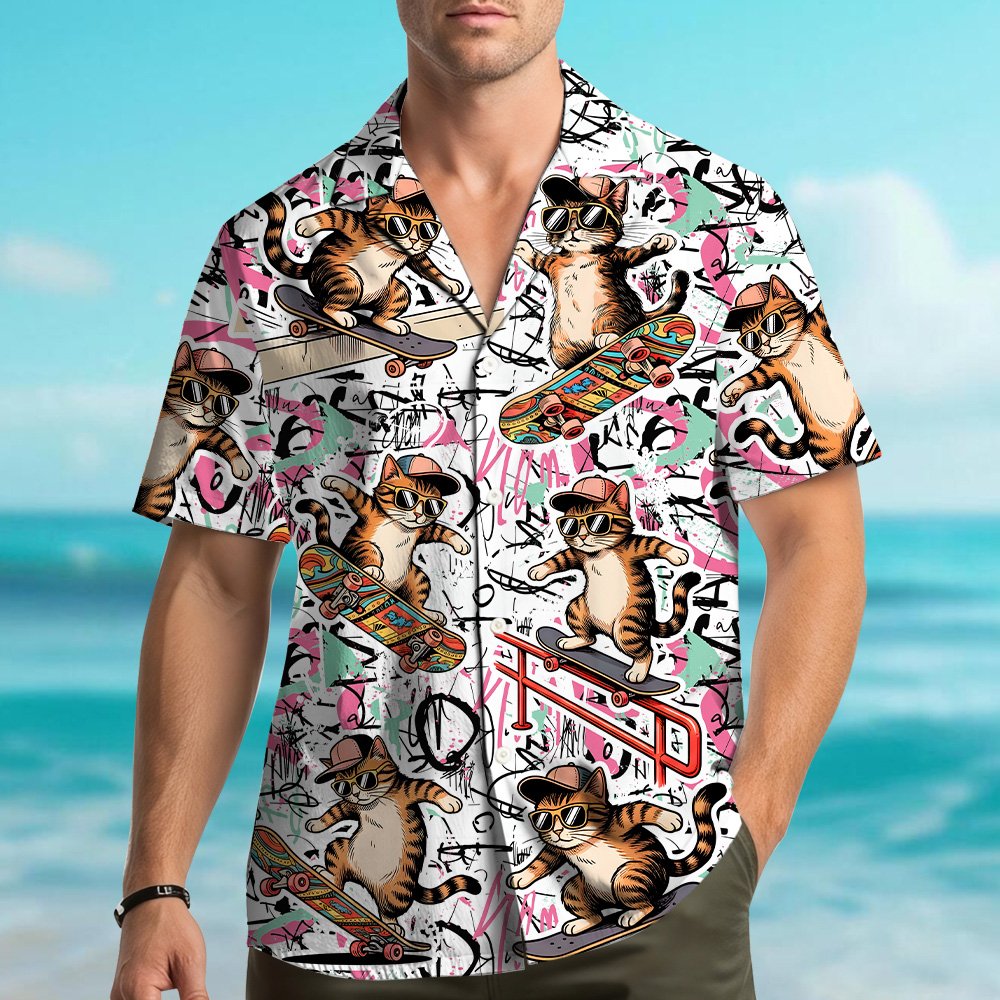 Abstract hawaiian shirt showing front detail of skateboarding cats