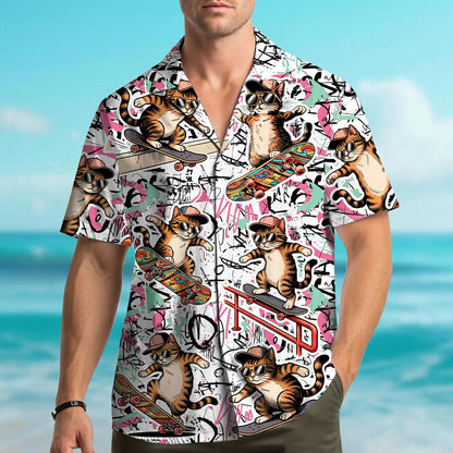 Abstract hawaiian shirt showing front detail of skateboarding cats