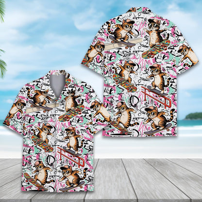 Front view of the matching family hawaiian shirt featuring pink and teal brushstrokes