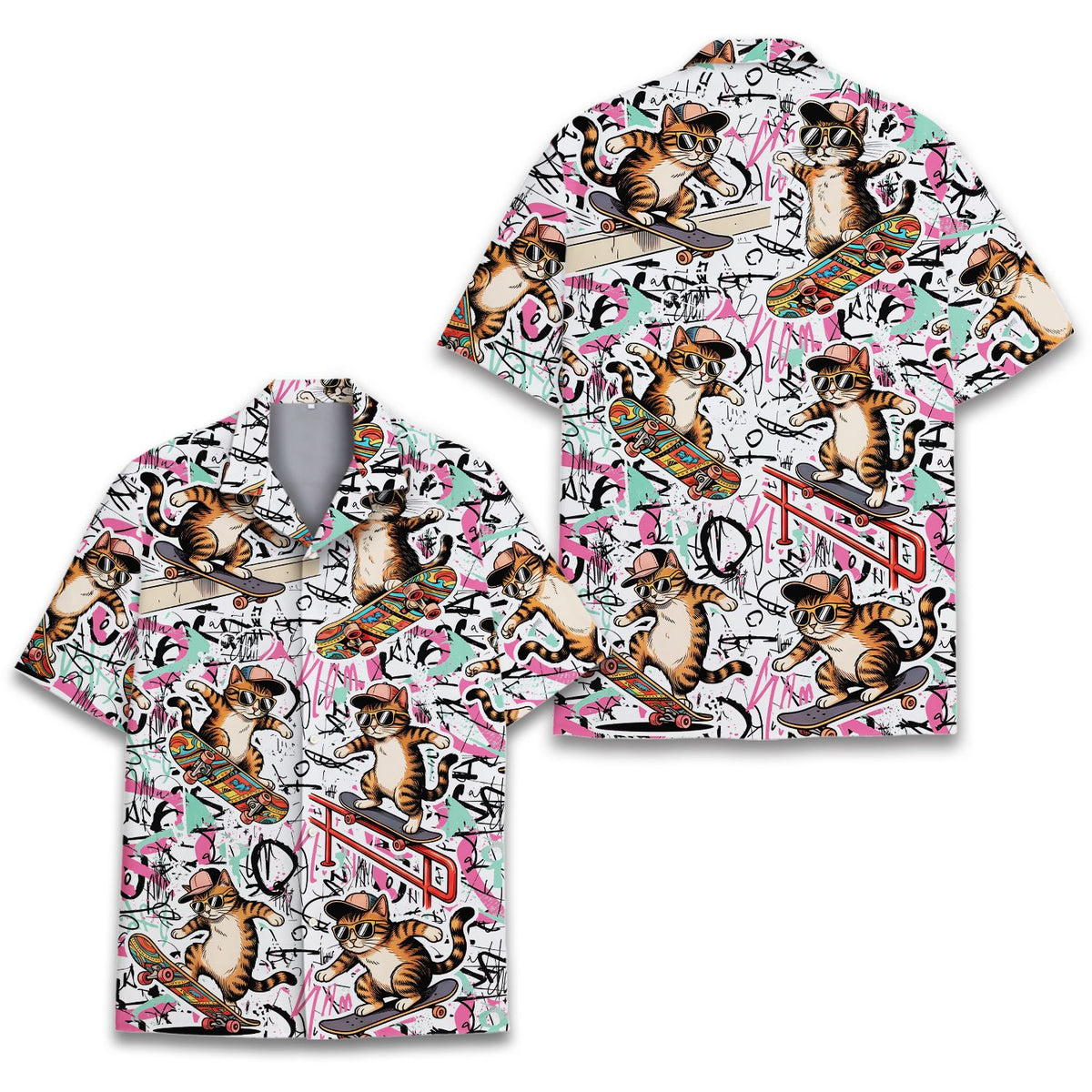 Skateboarding hawaiian shirt with cartoon cats on a white and teal abstract background, front view