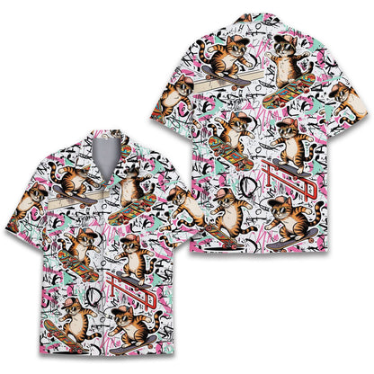 Skateboarding hawaiian shirt with cartoon cats on a white and teal abstract background, front view
