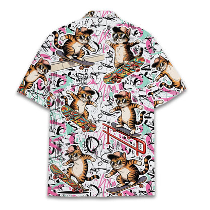 Someone wearing the abstract hawaiian shirt with skateboarding cats outdoors