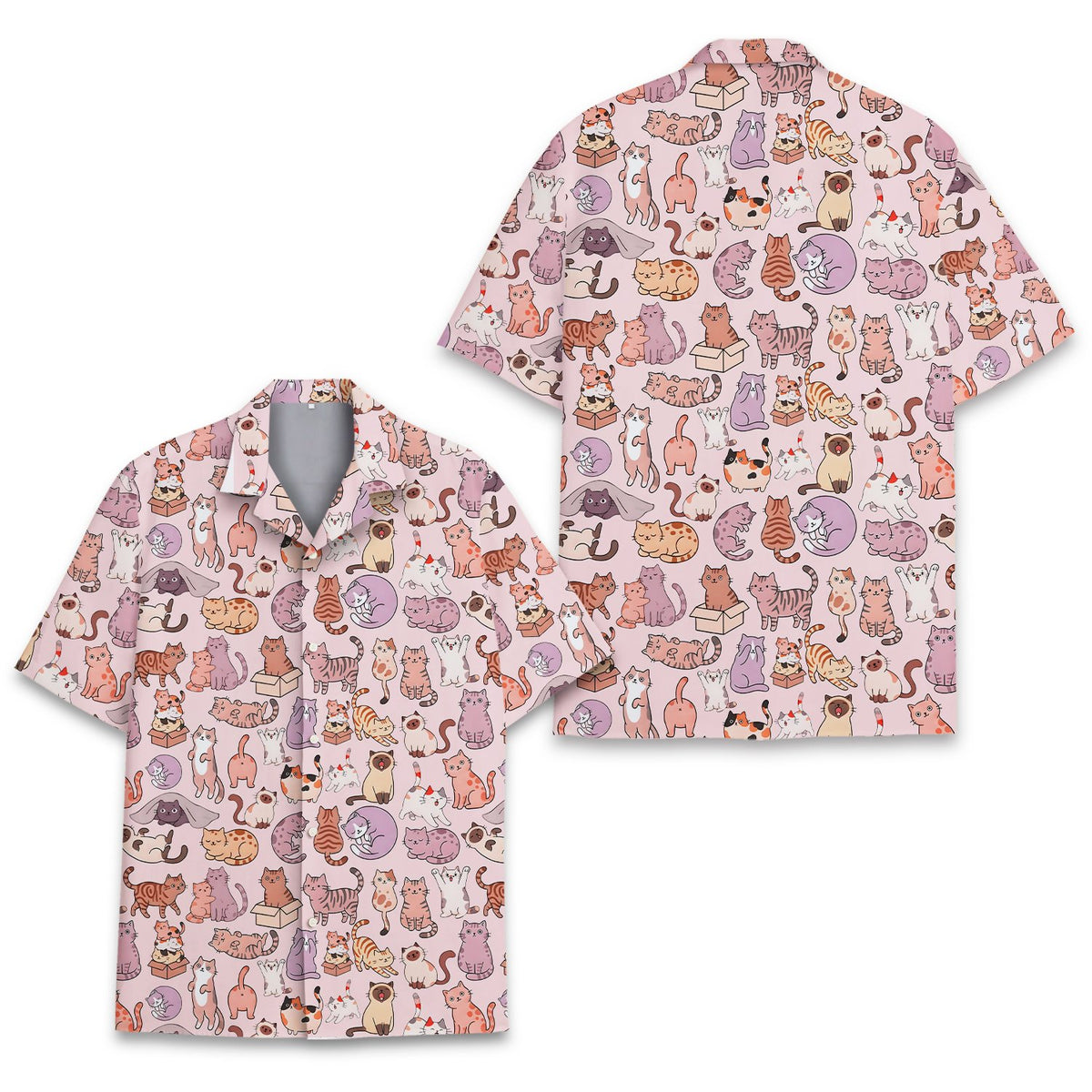 Close-up detail view of the cartoon cats pattern on the hawaiian shirt