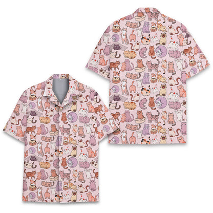 Close-up detail view of the cartoon cats pattern on the hawaiian shirt