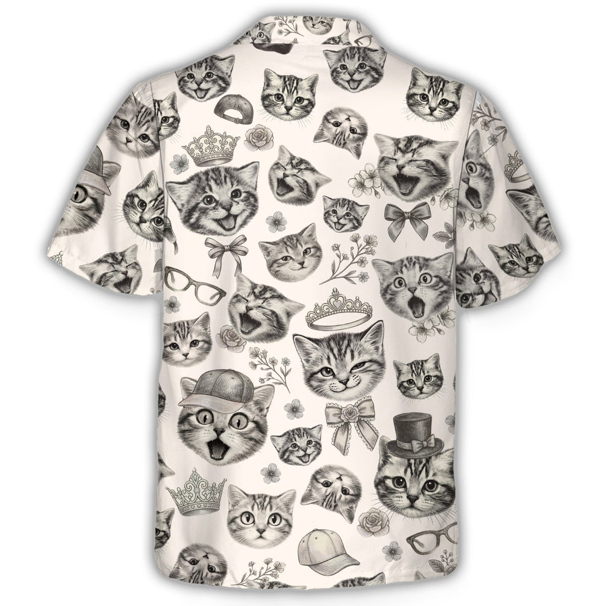 Back view of the adult cats hawaiian shirt with quirky feline accessories.