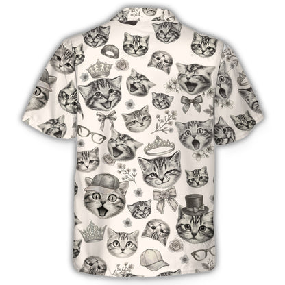 Back view of the adult cats hawaiian shirt with quirky feline accessories.