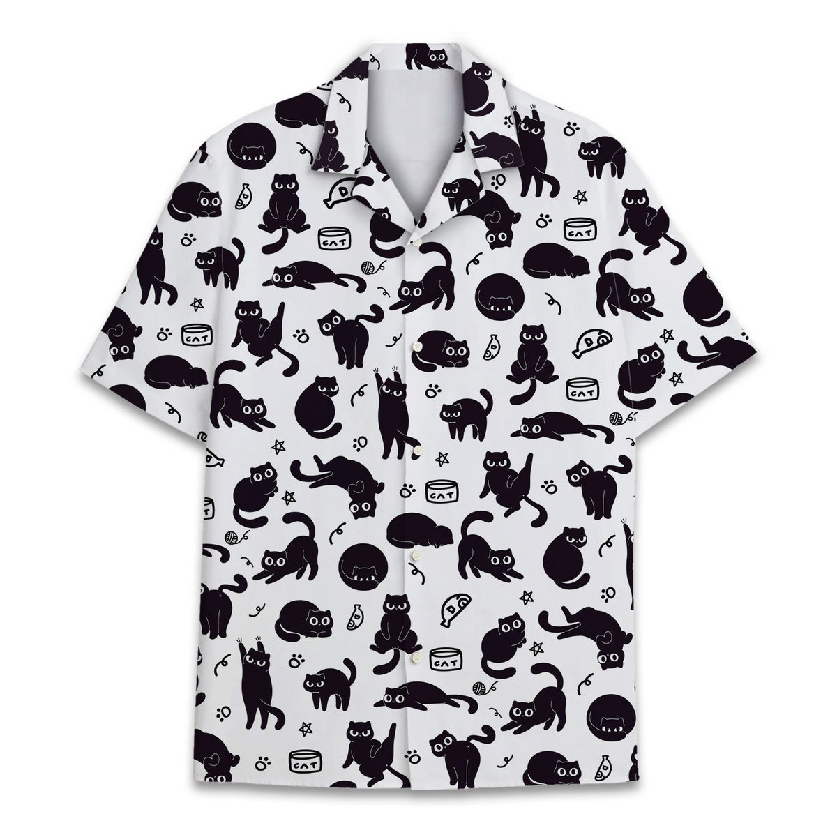 White hawaiian shirt with black cat silhouettes and paw prints pattern, back view 2